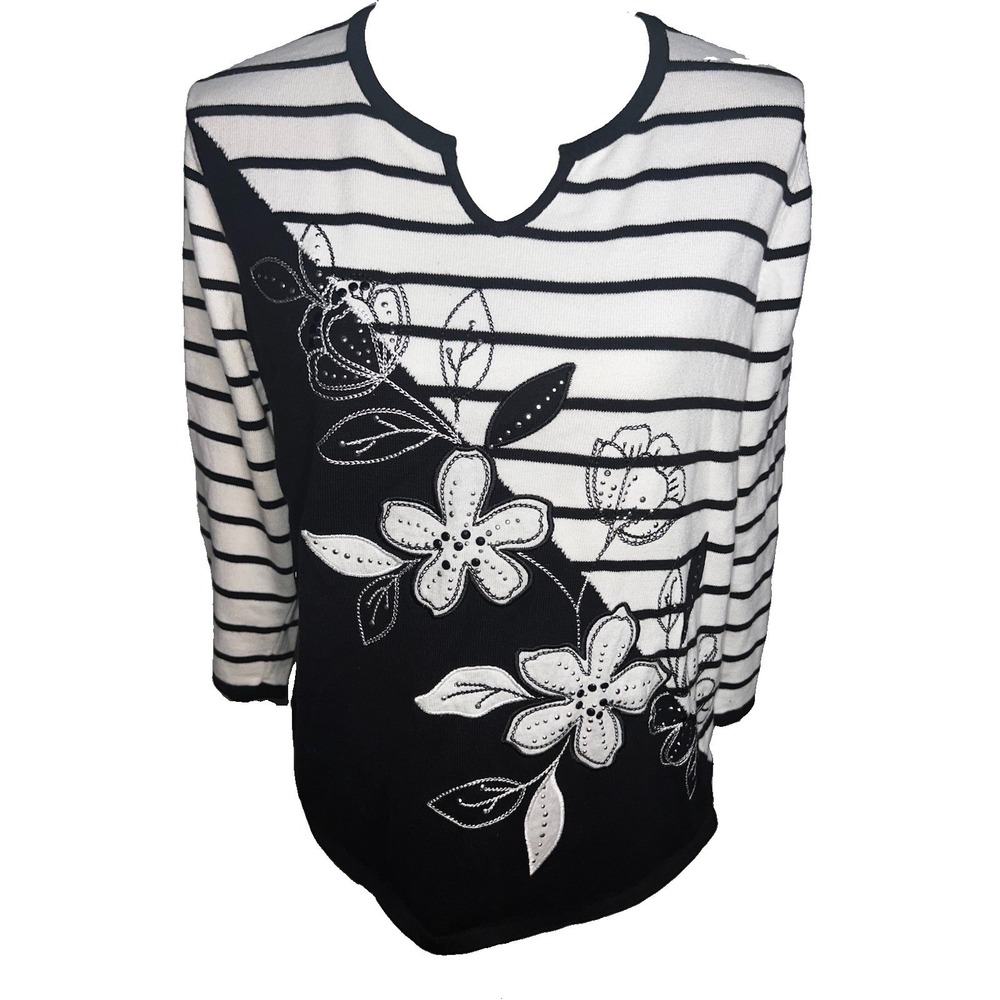 Alfred Dunner Stripe Beaded Large Tropical Leaf Knit Sweater Size M